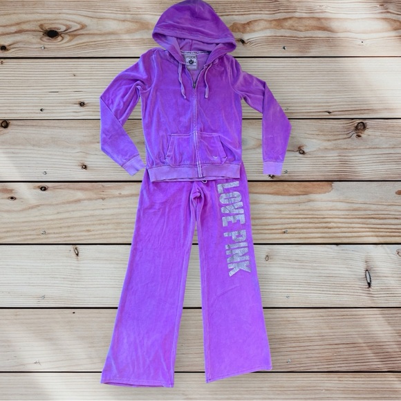 Y2K PINK Victorias Secret Purple Velour Velvet Track Suit Set Small Medium - Picture 2 of 15
